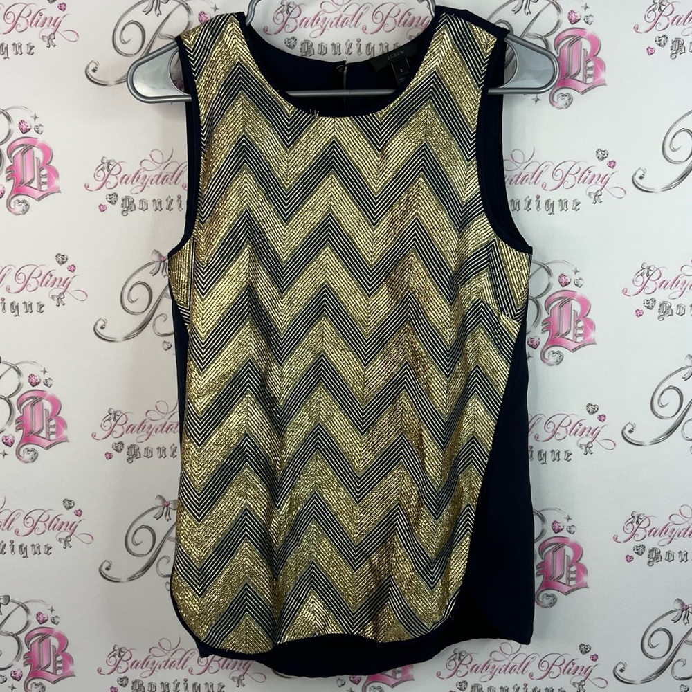 J. Crew tank top blouse shiny Chevron Patterned Gold and Black Women's Top
